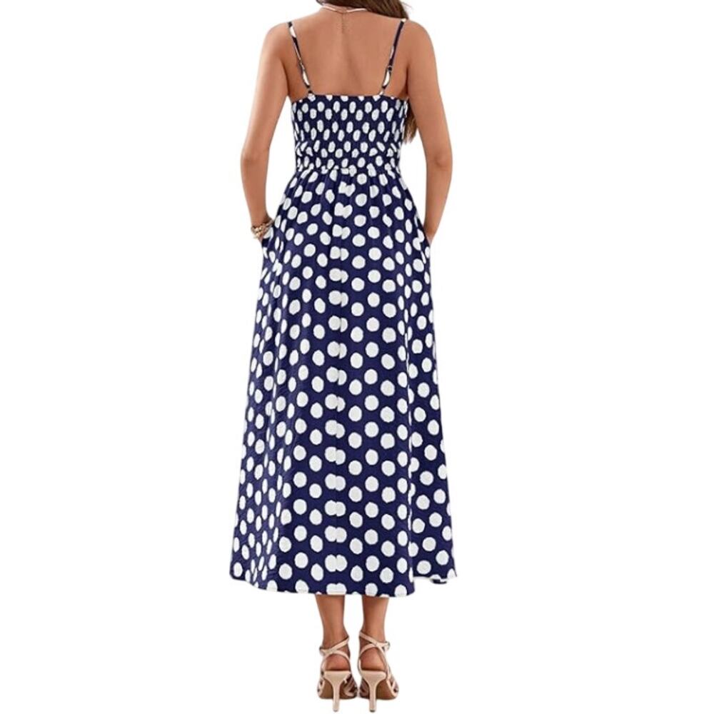 PRETTYGARDEN Navy Polka Dot Dress Spaghetti Strap Smocked Sundress Large NEW - Picture 2 of 9